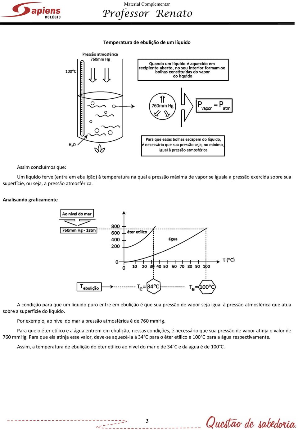 Analisando graficamente A condição para que um líquido puro entre em ebulição é que sua pressão de vapor seja igual à pressão atmosférica que atua sobre a superfície do líquido.