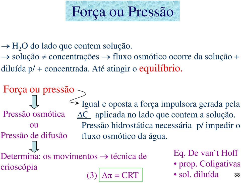 Força ou pressão Pressão osmótica ou Pressão de difusão Igual e oposta a força impulsora gerada pela C aplicada no lado