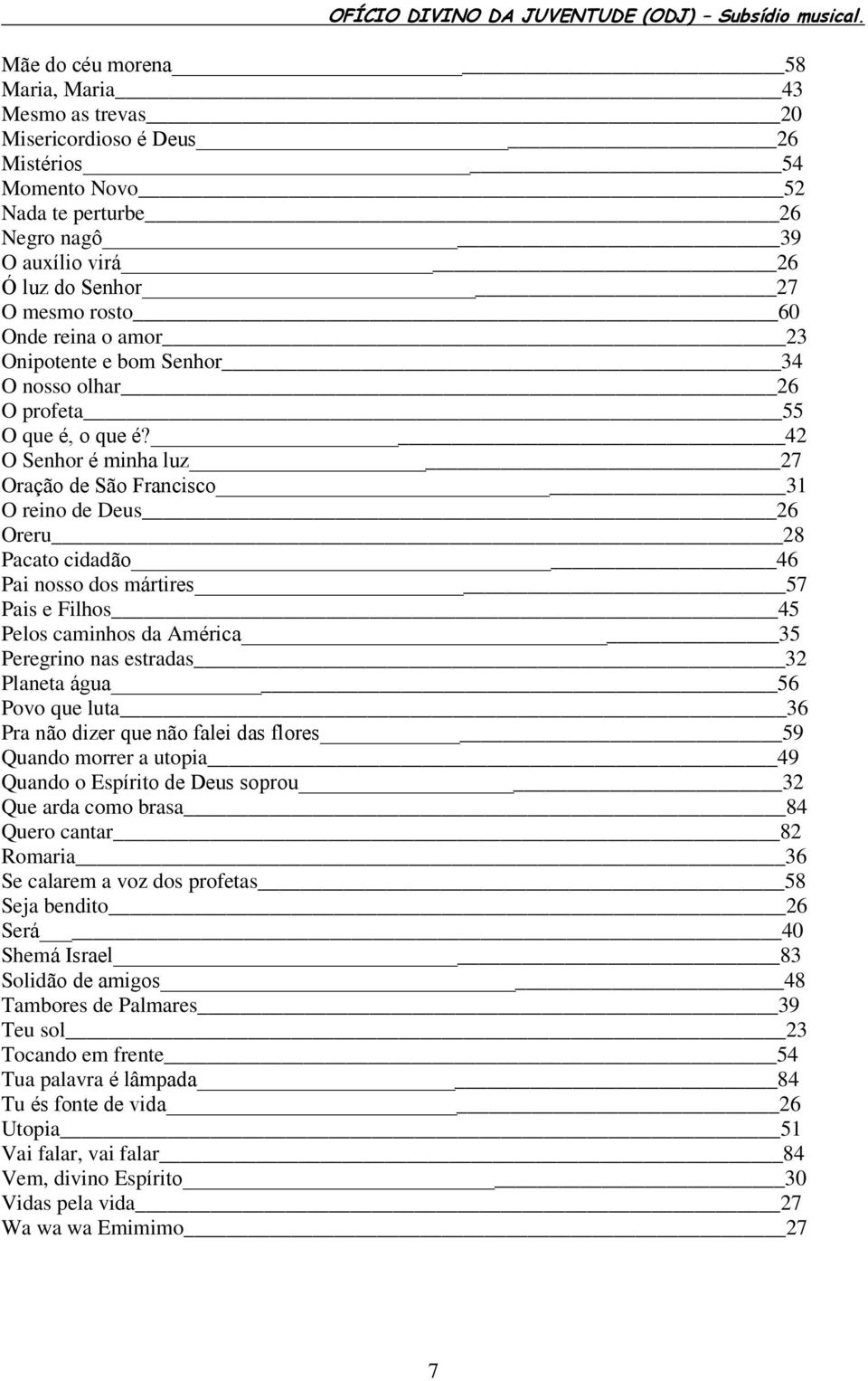 42 O Senhor é minha luz 27 Oração de São Francisco 31 O reino de Deus 26 Oreru 28 Pacato cidadão 46 Pai nosso dos mártires 57 Pais e Filhos 45 Pelos caminhos da América 35 Peregrino nas estradas 32