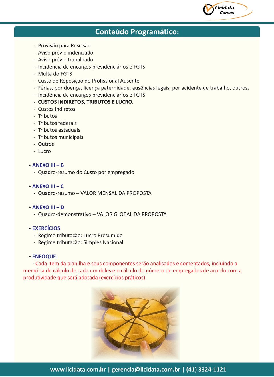 - Custos Indiretos - Tributos - Tributos federais - Tributos estaduais - Tributos municipais - Lucro ANEXO III B - Quadro-resumo do Custo por empregado ANEXO III C - Quadro-resumo VALOR MENSAL DA