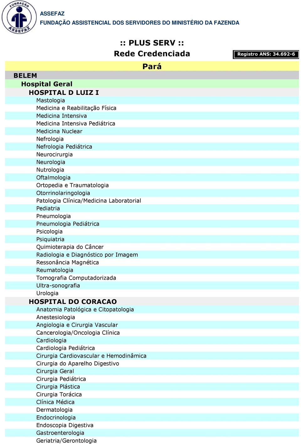 Reumatologia HOSPITAL DO CORACAO Cancerologia/Oncologia Clínica Pediátrica Cirurgia Cardiovascular e