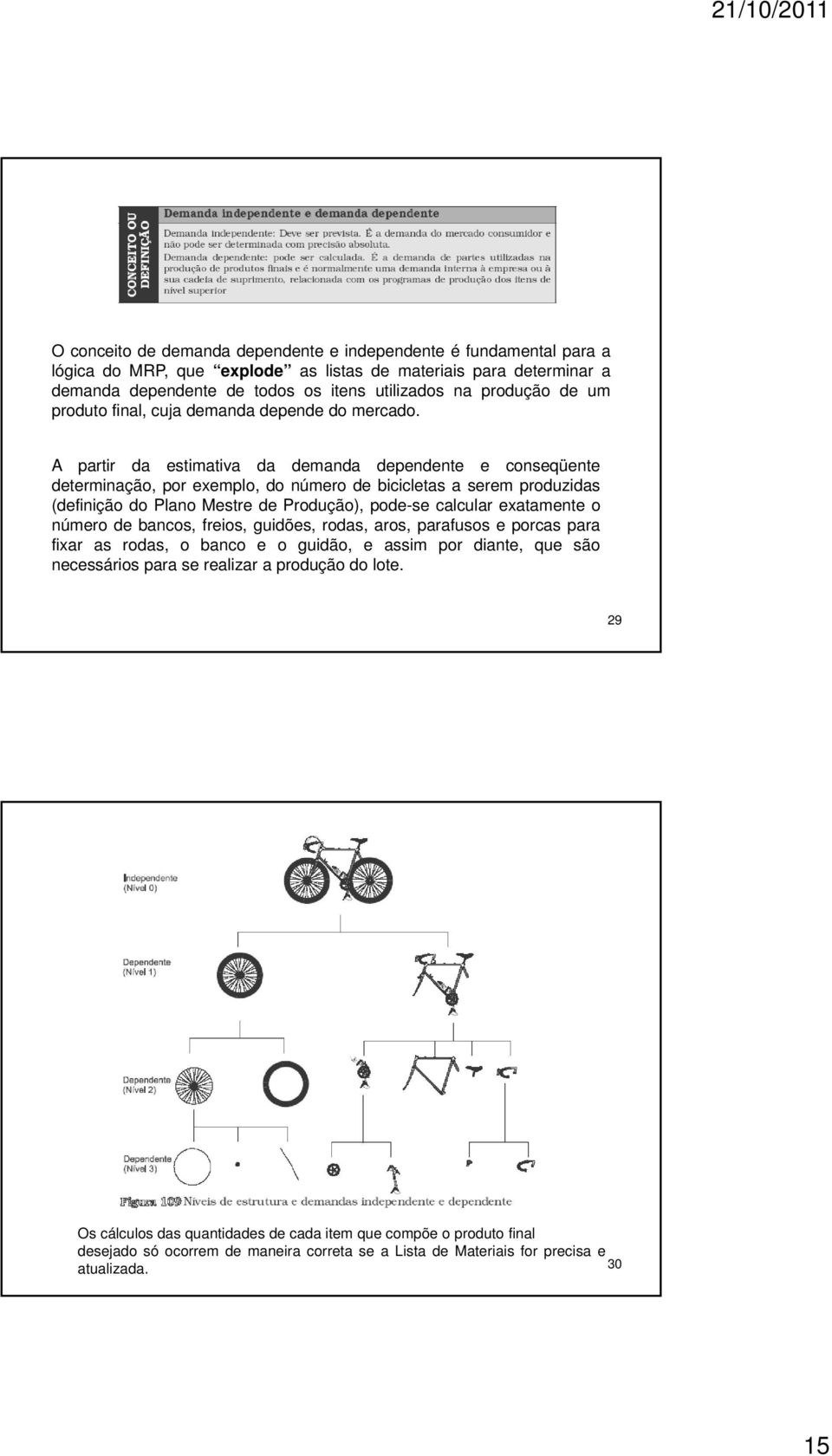 A partir da estimativa da demanda dependente e conseqüente determinação, por exemplo, do número de bicicletas a serem produzidas (definição do Plano Mestre de Produção), pode-se calcular exatamente o