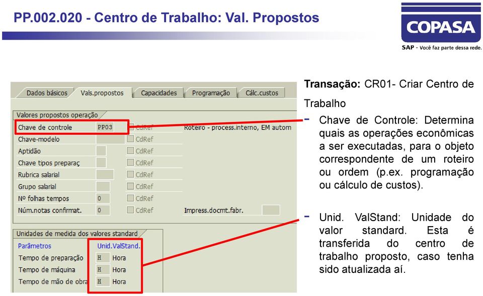 operações econômicas a ser executadas, para o objeto correspondente de um roteiro ou ordem (p.ex. programação ou cálculo de custos).