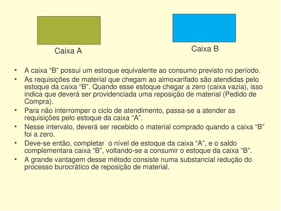 Quando esse estoque chegar a zero (caixa vazia), isso indica que deverá ser providenciada uma reposição de material (Pedido de Compra).