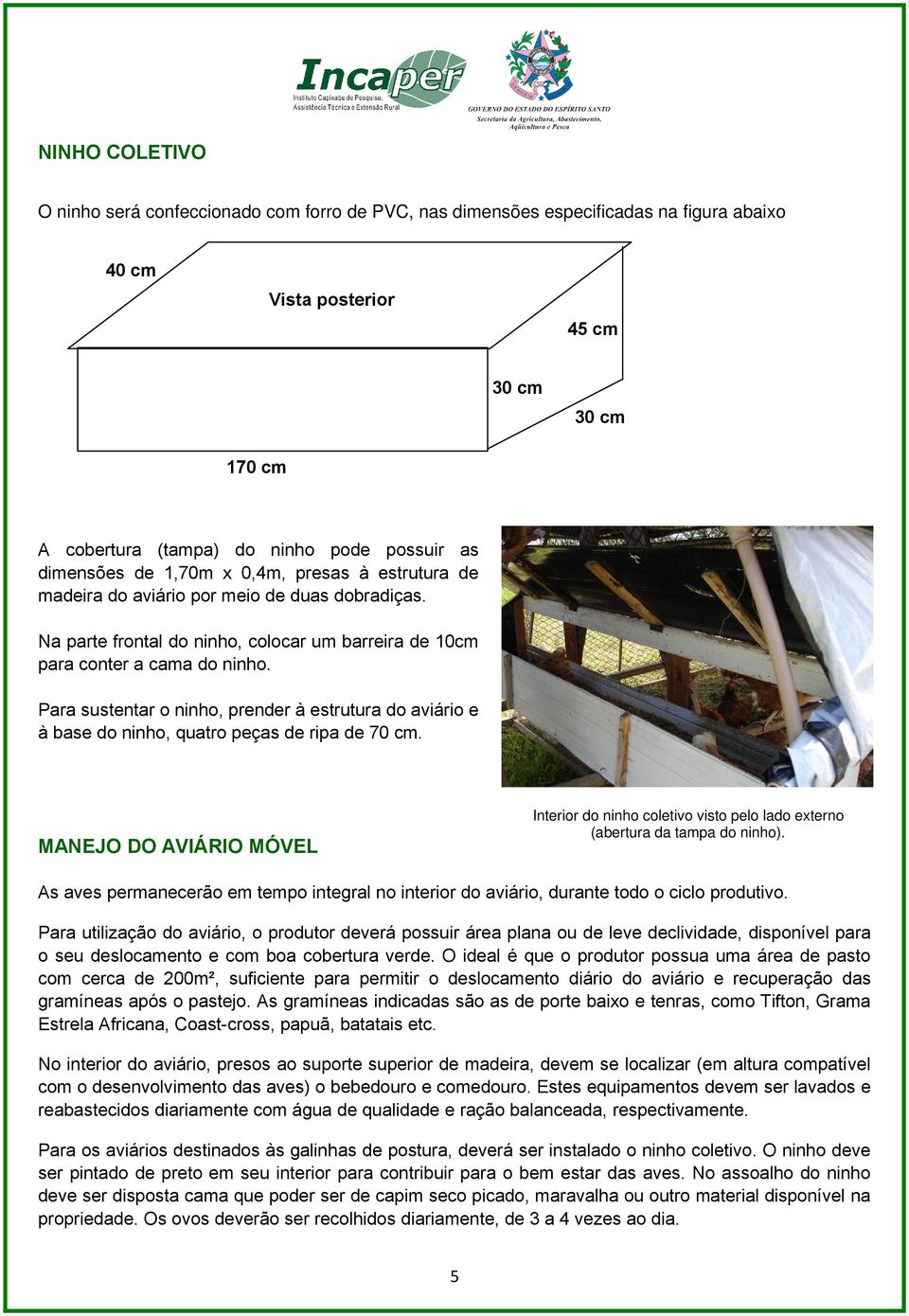 Para sustentar o ninho, prender à estrutura do aviário e à base do ninho, quatro peças de ripa de 70 c. Interior do ninho coletivo visto pelo lado externo (abertura da tapa do ninho).