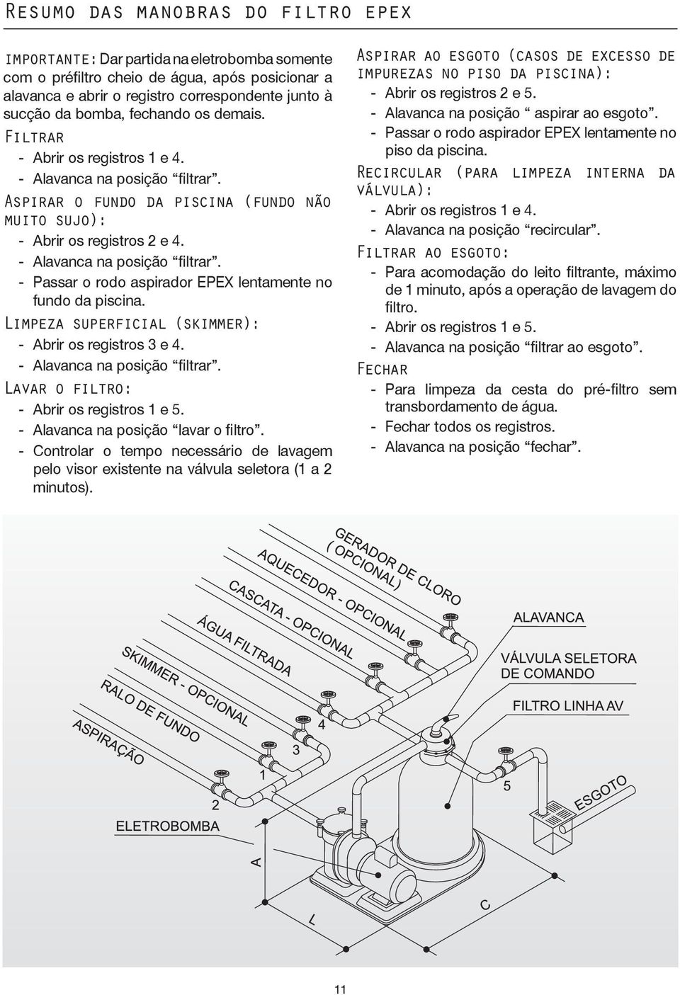 Limpeza superficial (skimmer): - Abrir os registros 3 e 4. - Alavanca na posição filtrar. Lavar o filtro: - Abrir os registros 1 e 5. - Alavanca na posição lavar o filtro.