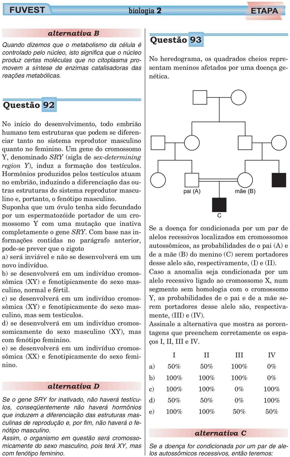 Questão 92 No início do desenvolvimento, todo embrião humano tem estruturas que podem se diferenciar tanto no sistema reprodutor masculino quanto no feminino.