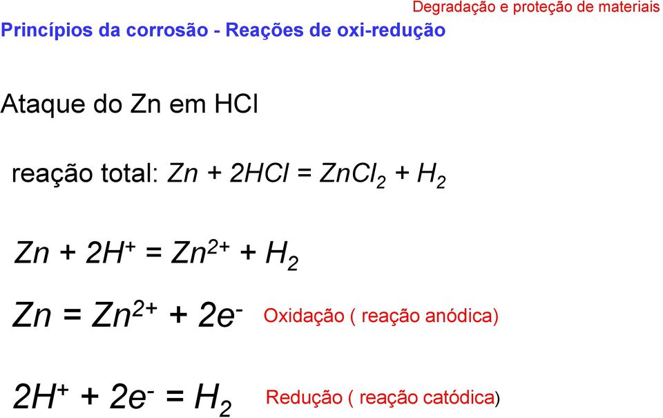 + 2H + = Zn 2+ + H 2 Zn = Zn 2+ + 2e - Oxidação (