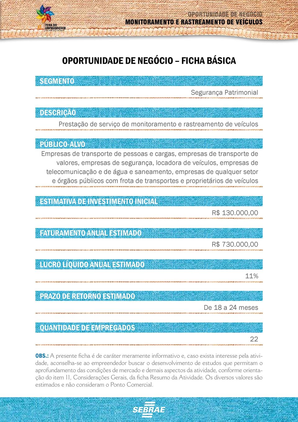 transportes e proprietários de veículos ESTIMATIVA DE INVESTIMENTO INICIAL FATURAMENTO ANUAL ESTIMADO LUCRO LÍQUIDO ANUAL ESTIMADO PRAZO DE RETORNO ESTIMADO QUANTIDADE DE EMPREGADOS R$ 30.