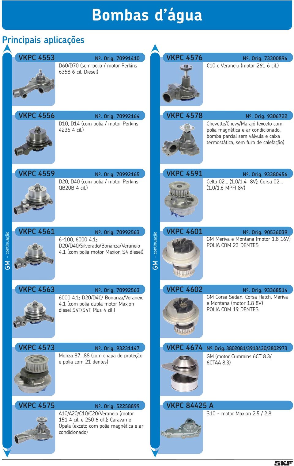 ) VKPC 4591 Nº. Orig. 93380456 Celta 02... (1.0/1.4 8V); Corsa 02... (1.0/1.6 MPFI 8V) GM - continuação VKPC 4561 Nº. Orig. 70992563 6-100, 6000 4.1; D20/D40/Silverado/Bonanza/Veraneio 4.