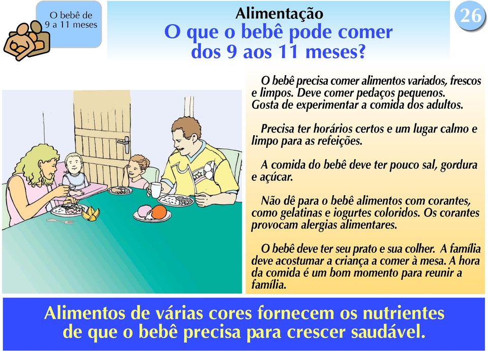 Não dê para o bebê alimentos com corantes, como gelatinas e iogurtes coloridos. Os corantes provocam alergias alimentares. O bebê deve ter seu prato e sua colher.