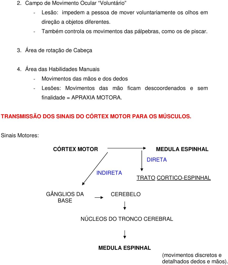 Área das Habilidades Manuais - Movimentos das mãos e dos dedos - Lesões: Movimentos das mão ficam descoordenados e sem finalidade = APRAXIA MOTORA.