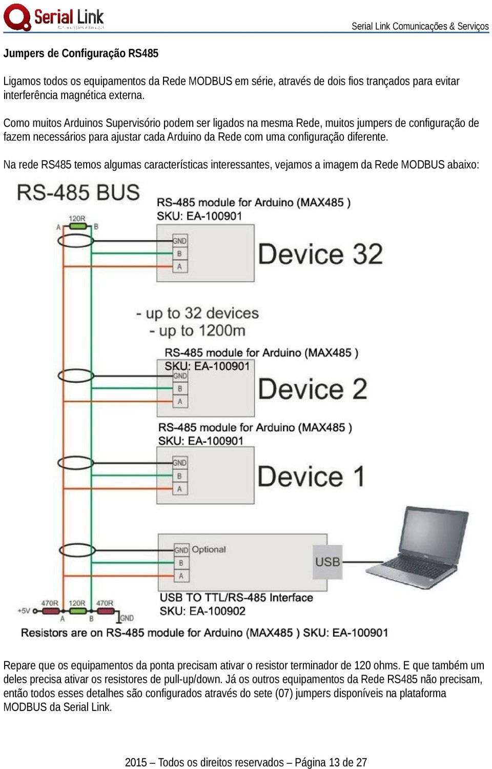 Na rede RS485 temos algumas características interessantes, vejamos a imagem da Rede MODBUS abaixo: Repare que os equipamentos da ponta precisam ativar o resistor terminador de 120 ohms.