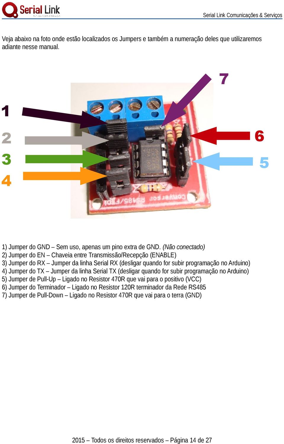 (Não conectado) 2) Jumper do EN Chaveia entre Transmissão/Recepção (ENABLE) 3) Jumper do RX Jumper da linha Serial RX (desligar quando for subir programação no Arduino) 4) Jumper