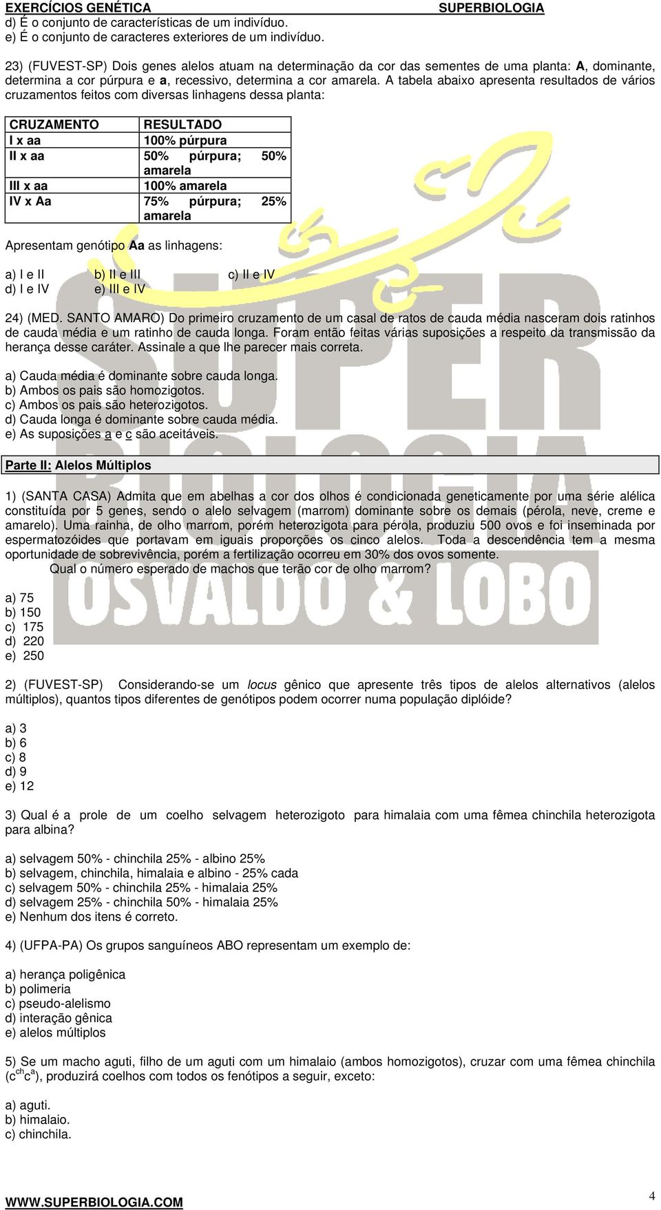 A tabela abaixo apresenta resultados de vários cruzamentos feitos com diversas linhagens dessa planta: CRUZAMENTO RESULTADO I x aa 100% púrpura II x aa 50% púrpura; 50% amarela III x aa 100% amarela