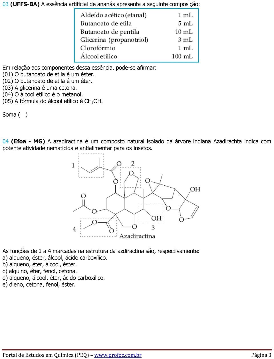 Soma ( ) 04 (Efoa - MG) A azadiractina é um composto natural isolado da árvore indiana Azadirachta indica com potente atividade nematicida e antialimentar para os insetos.