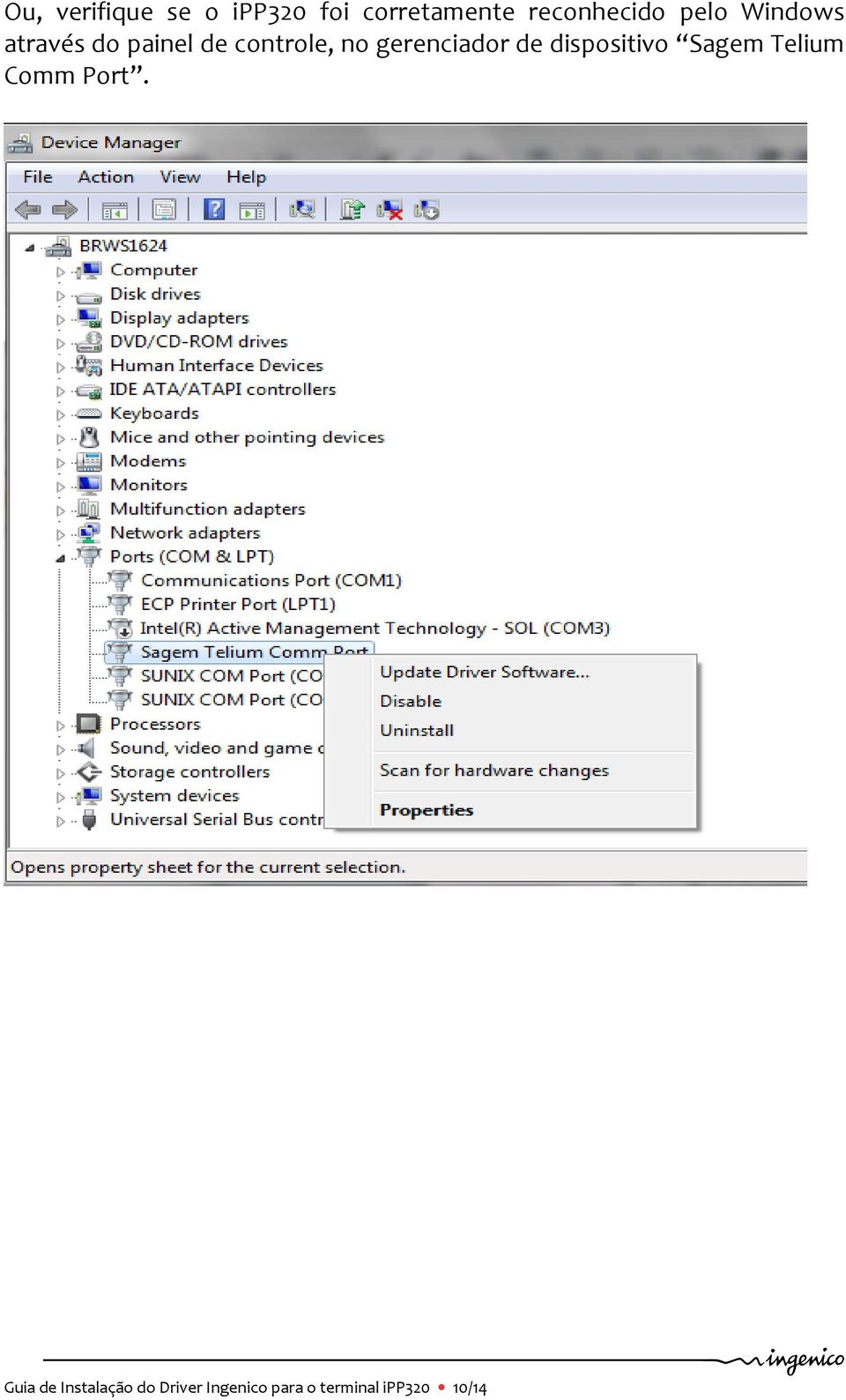 gerenciador de dispositivo Sagem Telium Comm Port.