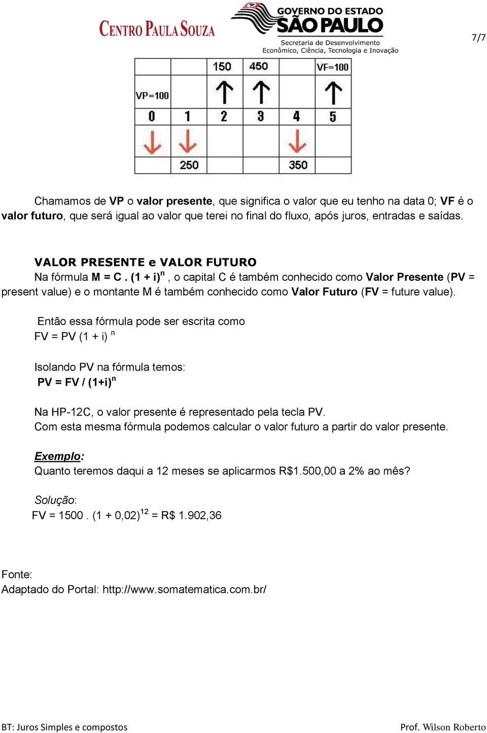 (1 + i) n, o capital C é também conhecido como Valor Presente (PV = present value) e o montante M é também conhecido como Valor Futuro (FV = future value).