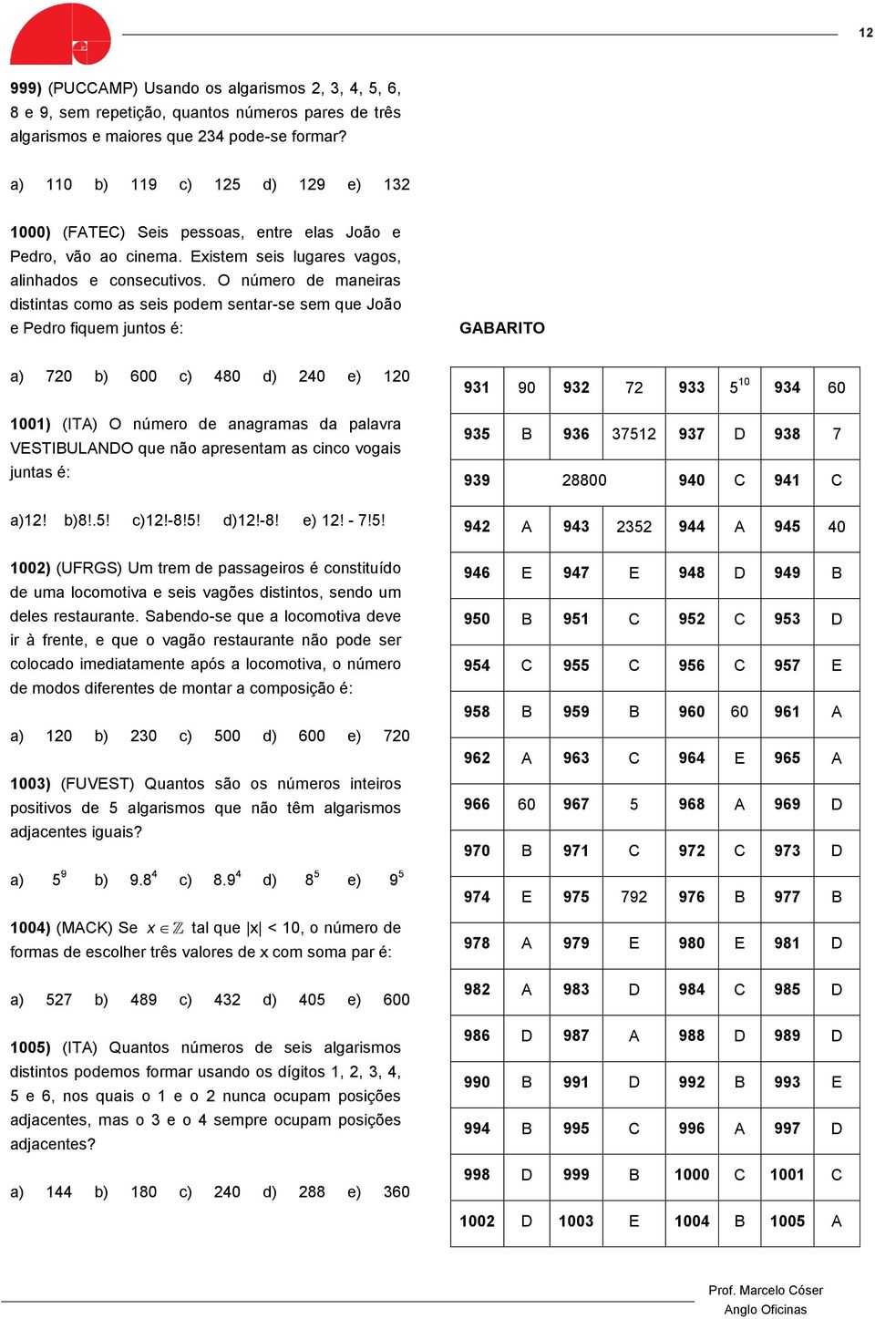 O número de maneiras distintas como as seis podem sentar-se sem que João e Pedro fiquem juntos é: GABARITO a) 720 b) 600 c) 480 d) 240 e) 120 1001) (ITA) O número de anagramas da palavra VESTIBULANDO