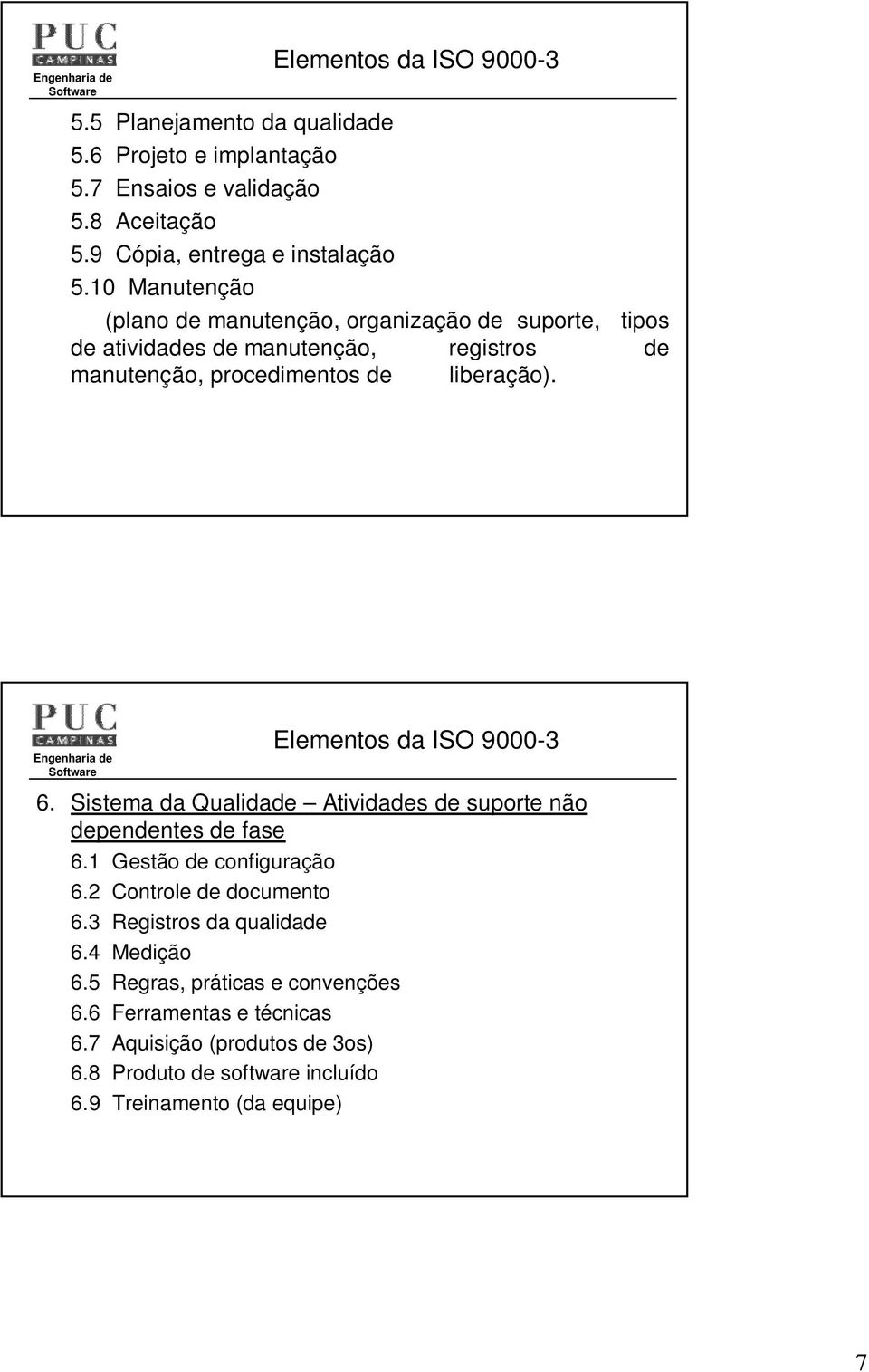 Elementos da ISO 9000-3 6. Sistema da Qualidade Atividades de suporte não dependentes de fase 6.1 Gestão de configuração 6.2 Controle de documento 6.