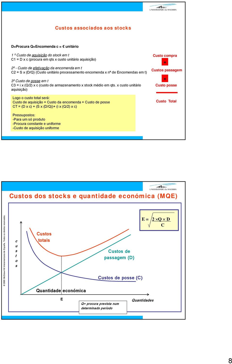 x custo unitário aquisição) Logo o custo total será: usto de aquisição + usto da encomenda + usto de posse T = (D x c) + (S x (D/Q))+ (i x (Q/2) x c) usto compra + ustos passagem + usto posse usto