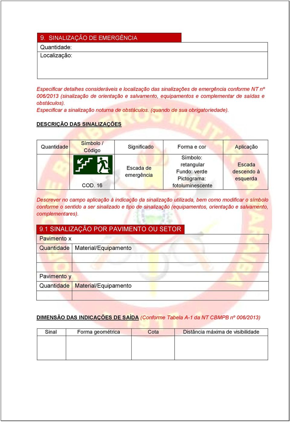 16 Significado Forma e cor Aplicação Escada de emergência Símbolo: retangular Fundo: verde Pictograma: fotoluminescente Escada descendo à esquerda Descrever no campo aplicação à indicação da