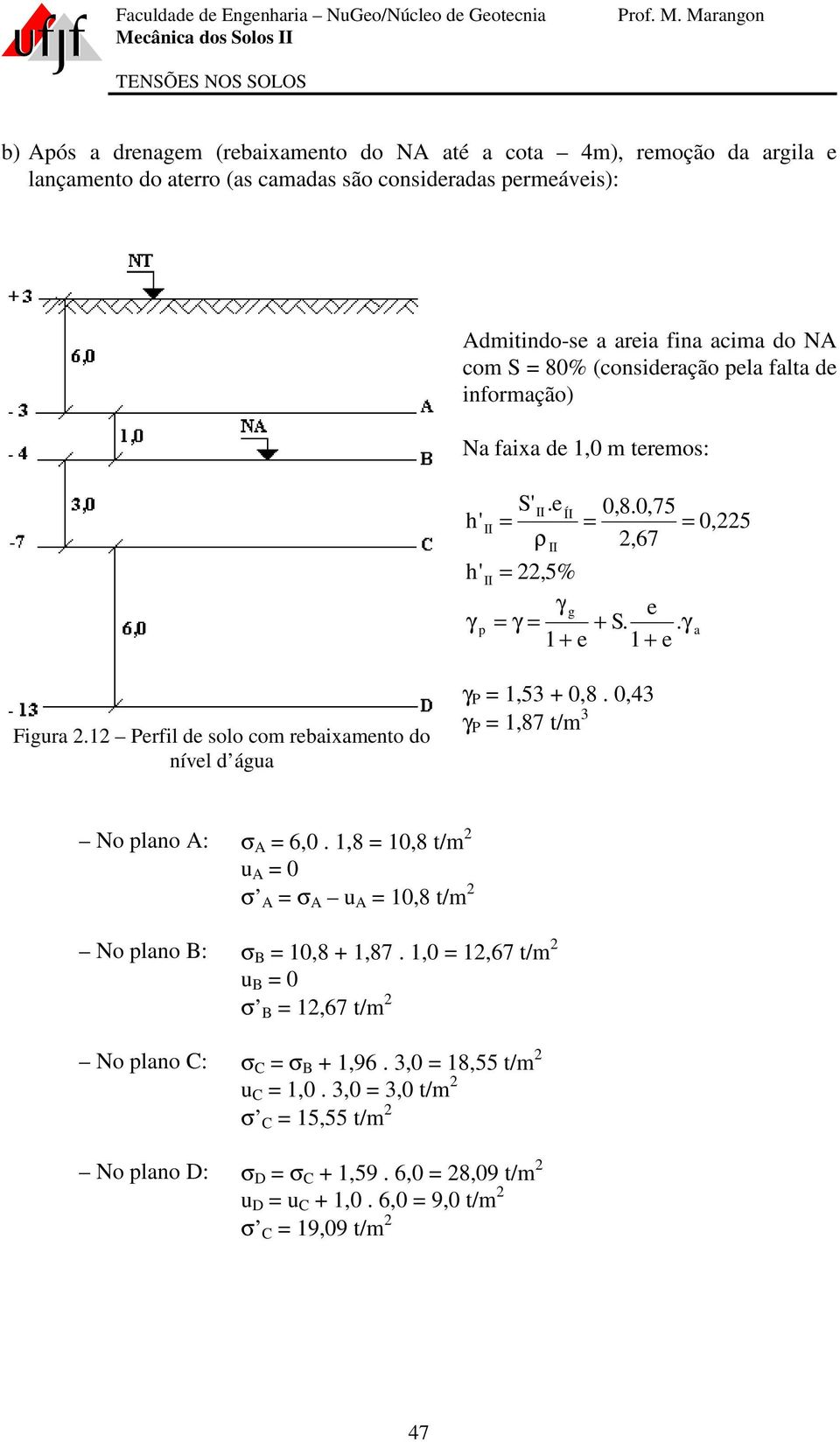 12 Perfil de solo com rebaixamento do nível d água γ P 1,53 + 0,8. 0,43 γ P 1,87 t/m 3 No plano A: σ A 6,0. 1,8 10,8 t/m 2 u A 0 σ A σ A u A 10,8 t/m 2 No plano B: σ B 10,8 + 1,87.