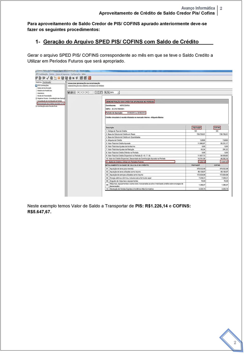 COFINS correspondente ao mês em que se teve o Saldo Credito a Utilizar em Períodos Futuros que será