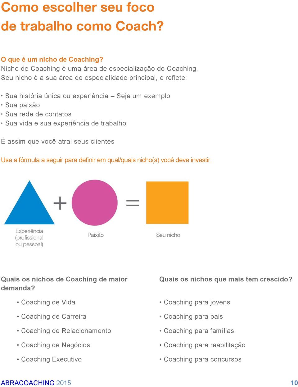 trabalho É assim que você atrai seus clientes Use a fórmula a seguir para definir em qual/quais nicho(s) você deve investir. Quais os nichos de Coaching de maior demanda?