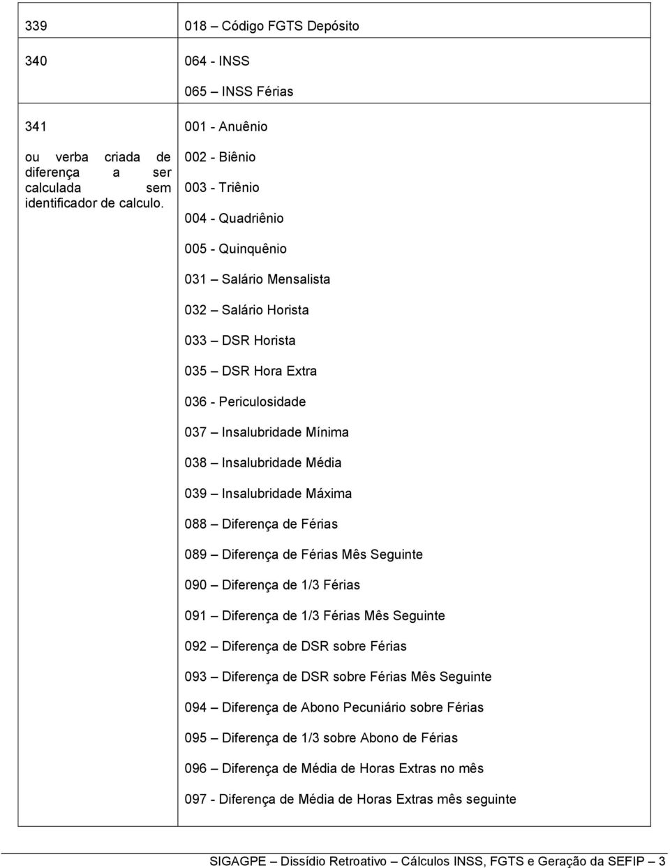 Insalubridade Média 039 Insalubridade Máxima 088 Diferença de Férias 089 Diferença de Férias Mês Seguinte 090 Diferença de 1/3 Férias 091 Diferença de 1/3 Férias Mês Seguinte 092 Diferença de DSR