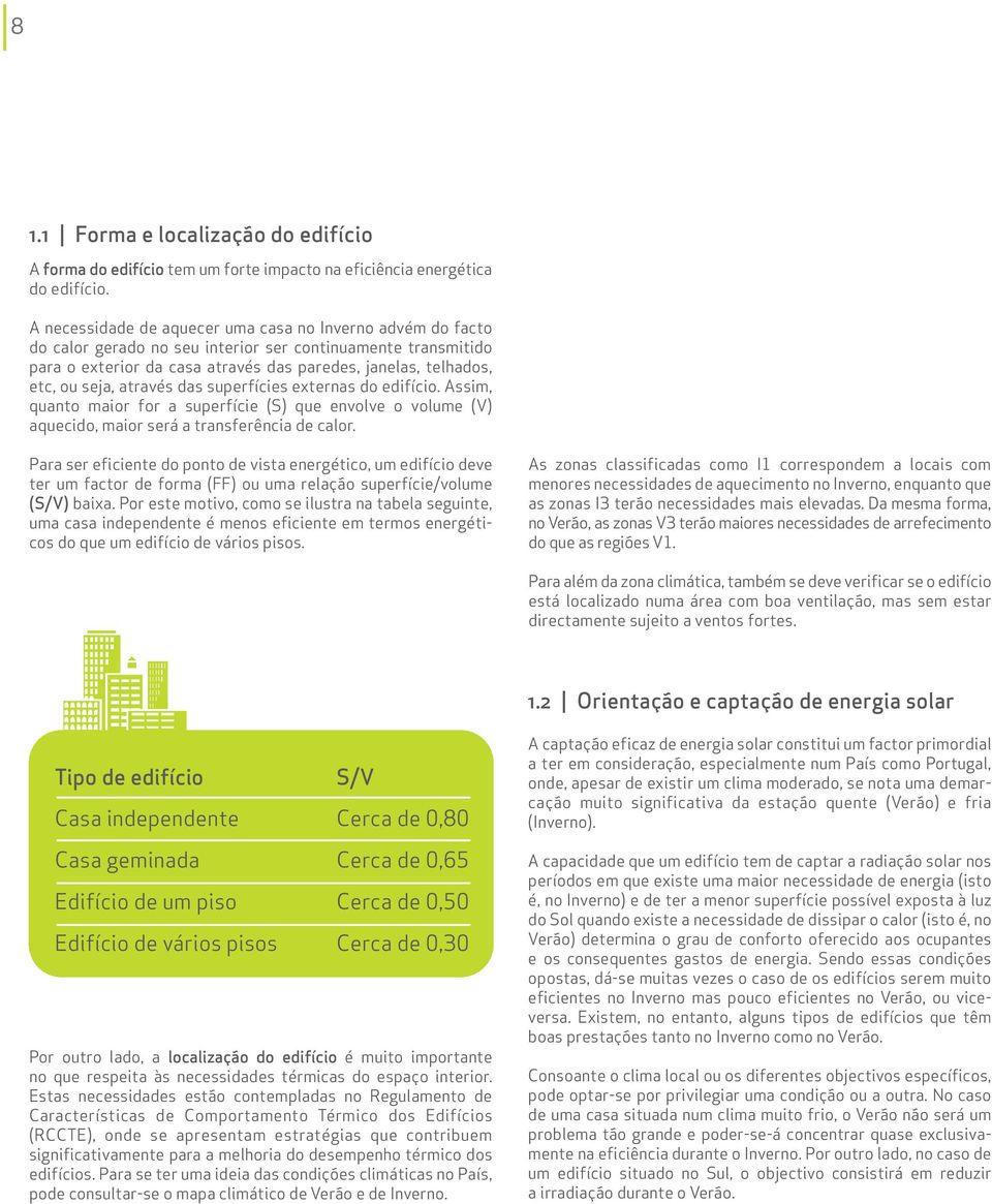 através das superfícies externas do edifício. Assim, quanto maior for a superfície (S) que envolve o volume (V) aquecido, maior será a transferência de calor.