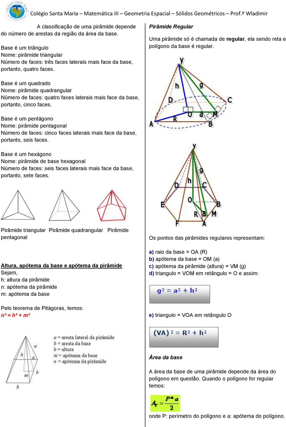 Pirâmide Regular Uma pirâmide só é chamada de regular, ela sendo reta e polígono da base é regular.