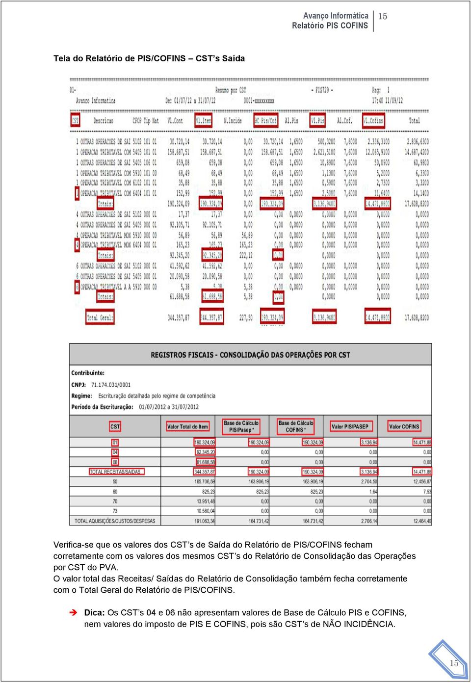 O valor total das Receitas/ Saídas do Relatório de Consolidação também fecha corretamente com o Total Geral do Relatório de