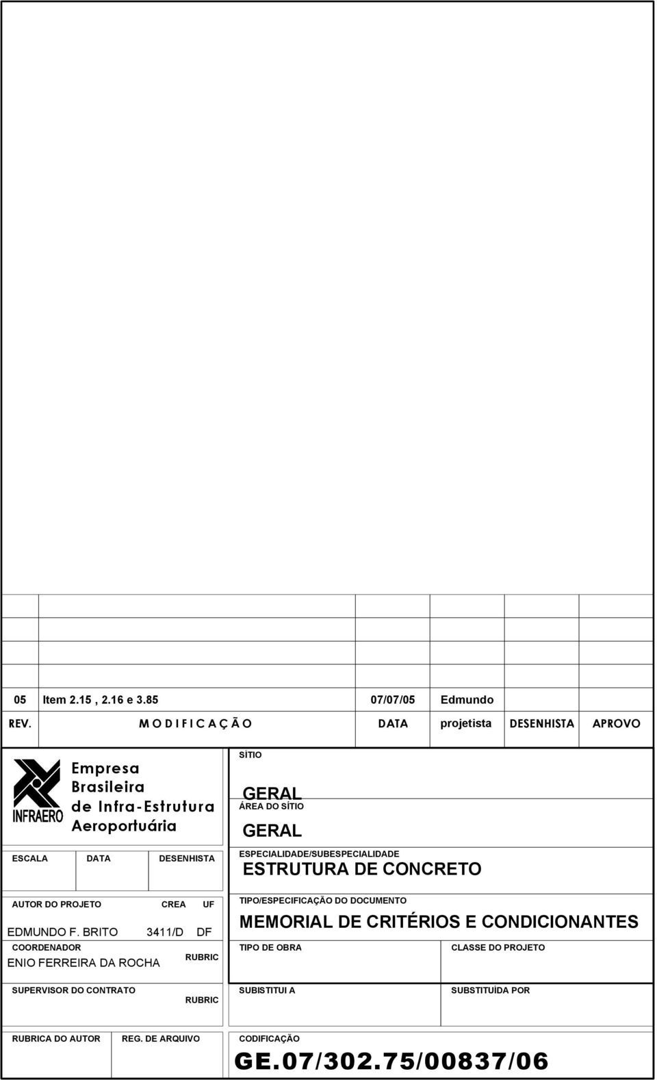 BRITO 3411/D DF COORDENADOR Empresa Brasileira de Infra-Estrutura Aeroportuária ENIO FERREIRA DA ROCHA RUBRIC SÍTIO GERAL ÁREA DO SÍTIO GERAL