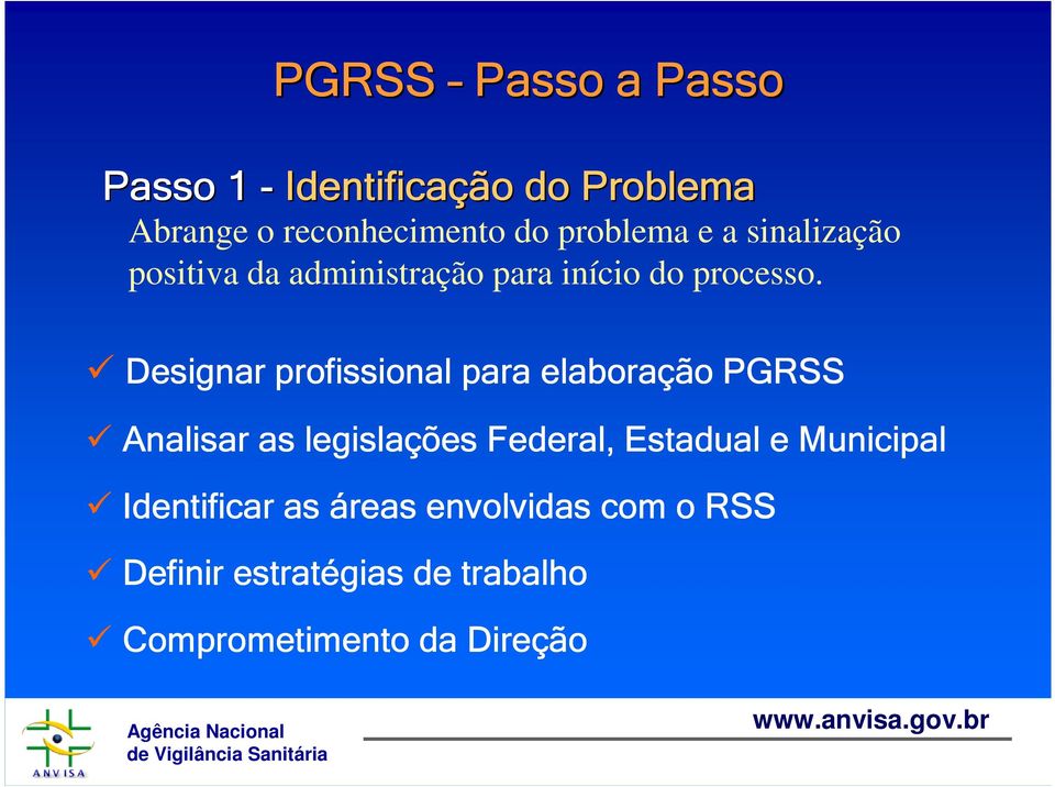 Designar profissional para elaboração PGRSS Analisar as legislações Federal, Estadual e