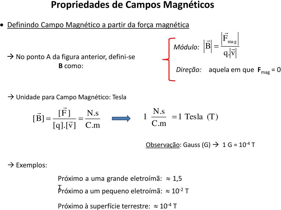 v mag Direção: aquela em que F mag = Unidade para Campo Magnético: Tesla [ F] [ B] [ q].[ v] N. s C. m N.