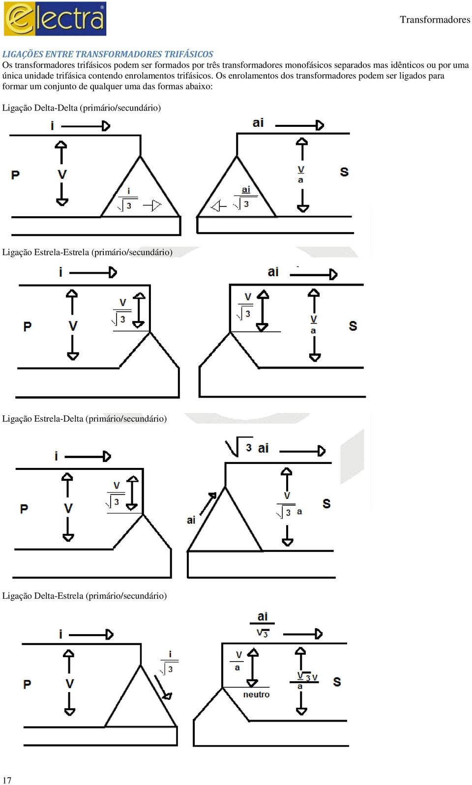 Os enrolamentos dos transformadores podem ser ligados para formar um conjunto de qualquer uma das formas abaixo: Ligação