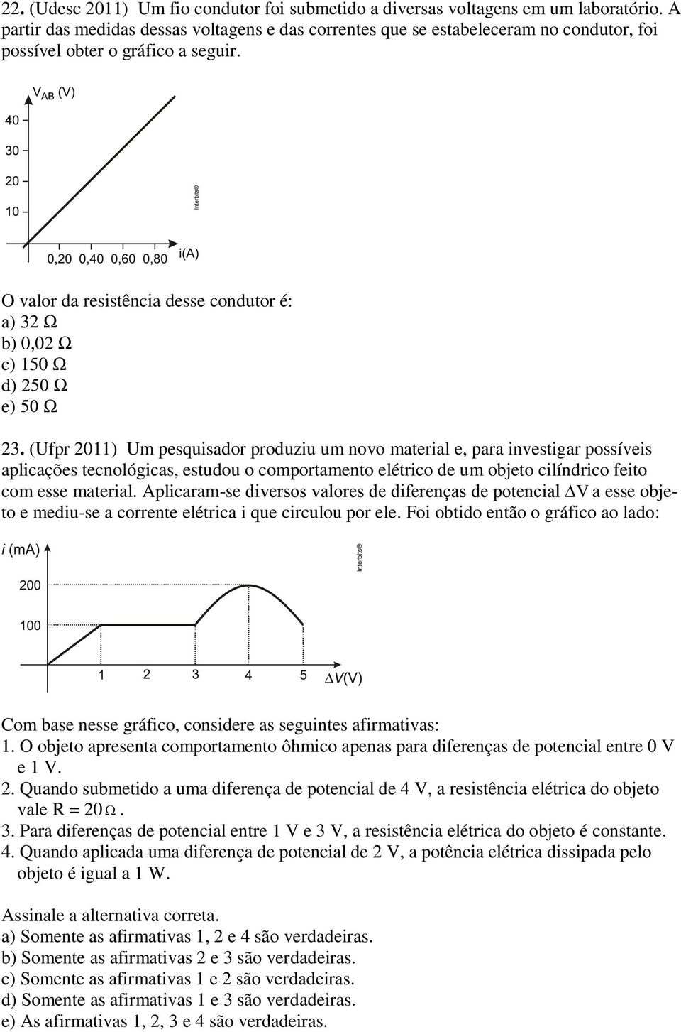 O valor da resistência desse condutor é: a) 32 Ω b) 0,02 Ω c) 150 Ω d) 250 Ω e) 50 Ω 23.