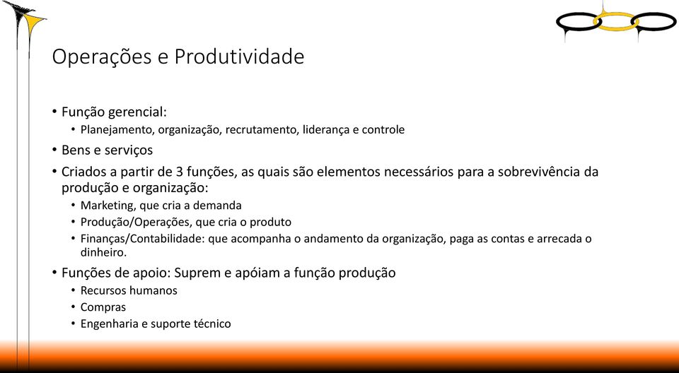 cria a demanda Produção/Operações, que cria o produto Finanças/Contabilidade: que acompanha o andamento da organização, paga as