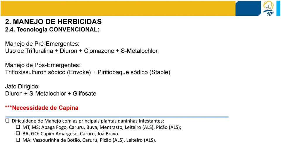 Glifosate ***Necessidade de Capina Dificuldade de Manejo com as principais plantas daninhas Infestantes: MT, MS: Apaga Fogo, Caruru, Buva,