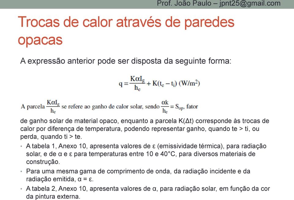 A tabela 1, Anexo 10, apresenta valores de ε (emissividade térmica), para radiação solar, e de α e ε para temperaturas entre 10 e 40 C, para diversos materiais de