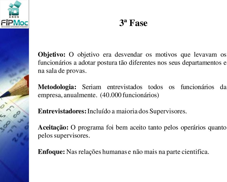 Metodologia: Seriam entrevistados todos os funcionários da empresa, anualmente. (40.