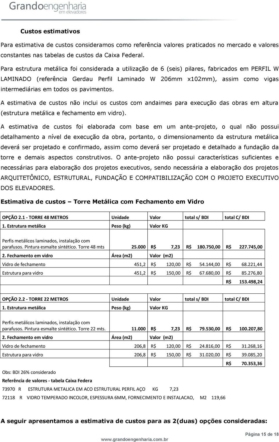 os pavimentos. A estimativa de custos não inclui os custos com andaimes para execução das obras em altura (estrutura metálica e fechamento em vidro).