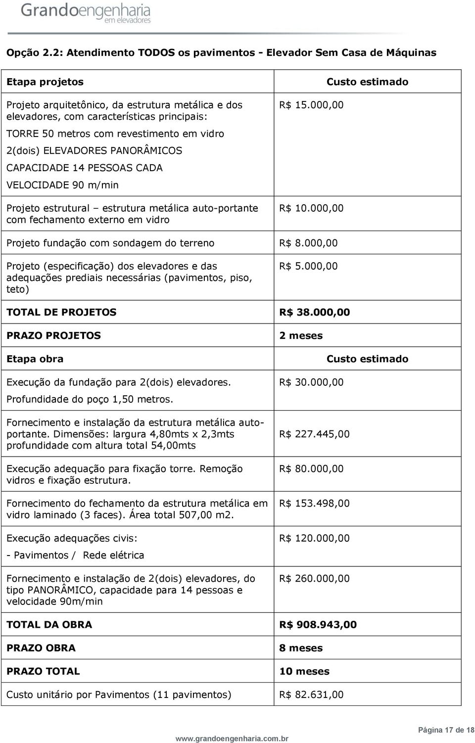 revestimento em vidro 2(dois) ELEVADORES PANORÂMICOS CAPACIDADE 14 PESSOAS CADA VELOCIDADE 90 m/min Projeto estrutural estrutura metálica auto-portante com fechamento externo em vidro R$ 15.