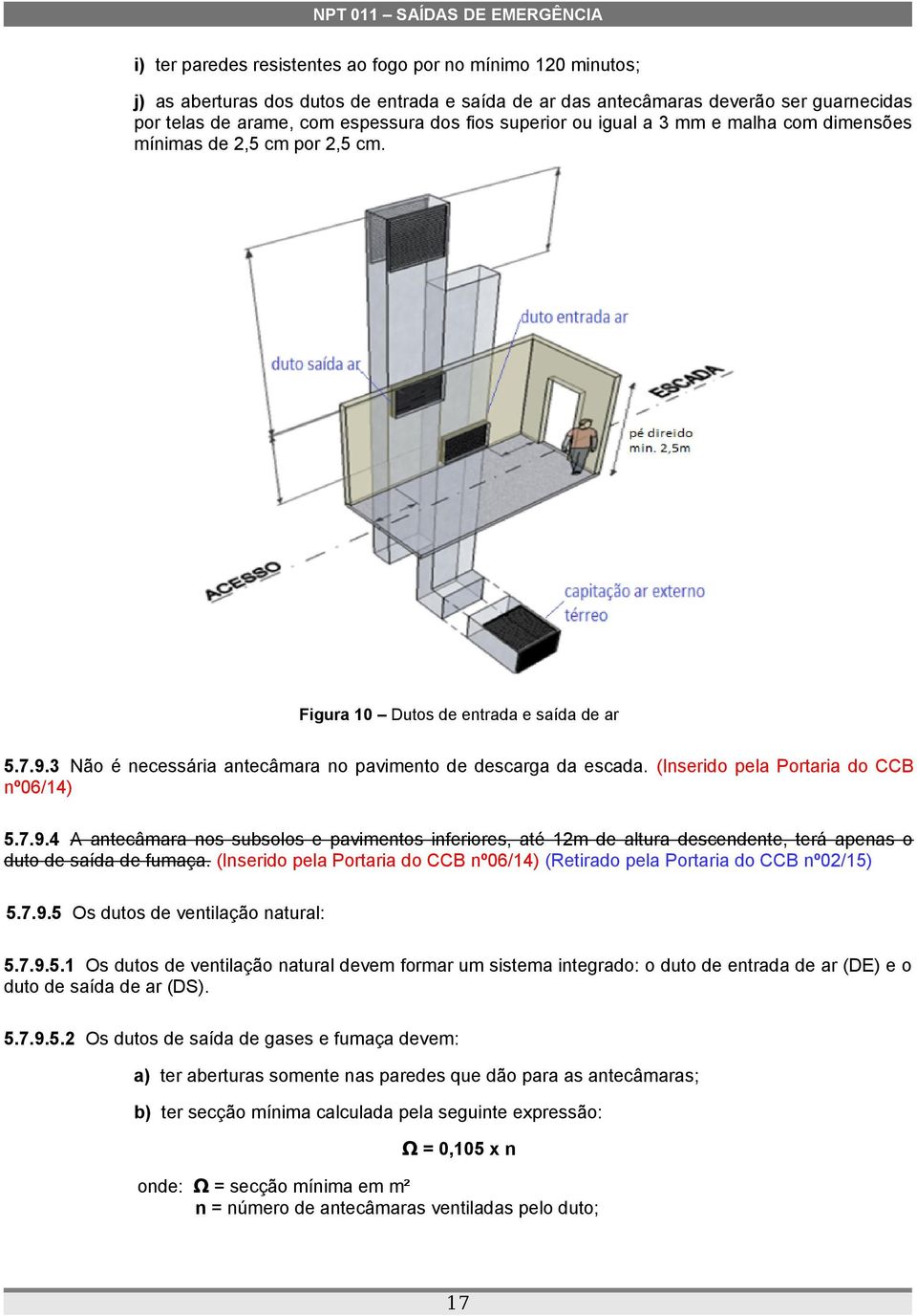 (Inserido pela Portaria do CCB nº06/14) 5.7.9.4 A antecâmara nos subsolos e pavimentos inferiores, até 12m de altura descendente, terá apenas o duto de saída de fumaça.