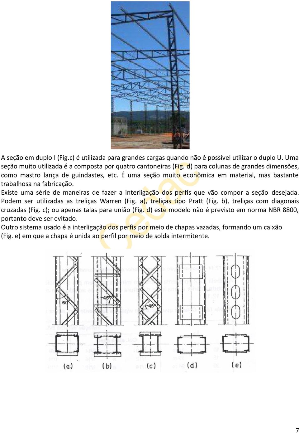 Existe uma série de maneiras de fazer a interligação dos perfis que vão compor a seção desejada. Podem ser utilizadas as treliças Warren (Fig. a), treliças tipo Pratt (Fig.