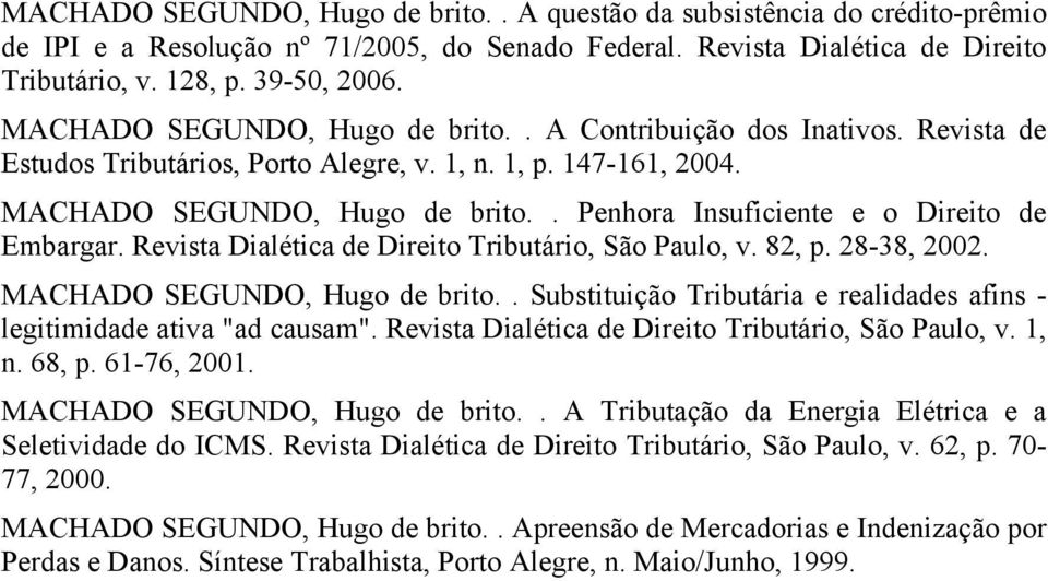 . Penhora Insuficiente e o Direito de Embargar. Revista Dialética de Direito Tributário, São Paulo, v. 82, p. 28-38, 2002. MACHADO SEGUNDO, Hugo de brito.