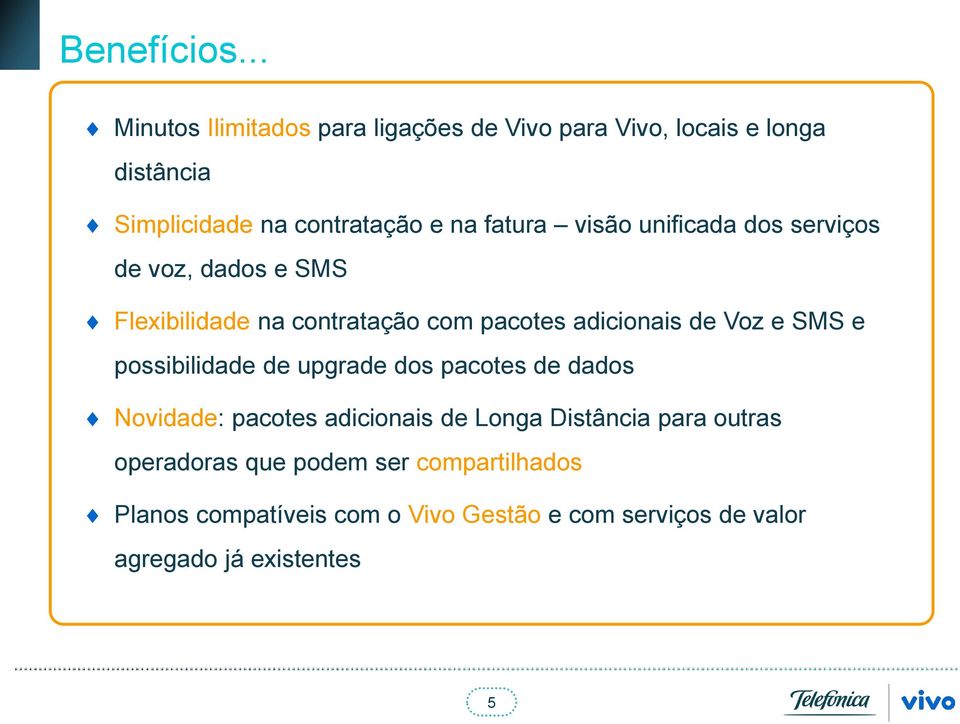 visão unificada dos serviços de voz, dados e SMS Flexibilidade na contratação com pacotes adicionais de Voz e SMS e