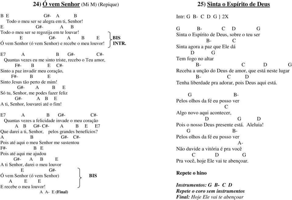 E7 A B G#- C#- Quantas vezes eu me sinto triste, recebo o Teu amor, F#- B E C#- Sinto a paz invadir meu coração, F#- B E Sinto Jesus tão perto de mim!