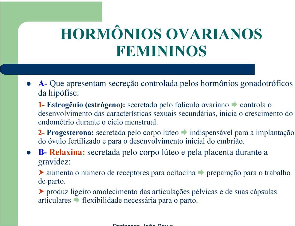 2- Progesterona: secretada pelo corpo lúteo indispensável para a implantação do óvulo fertilizado e para o desenvolvimento inicial do embrião.